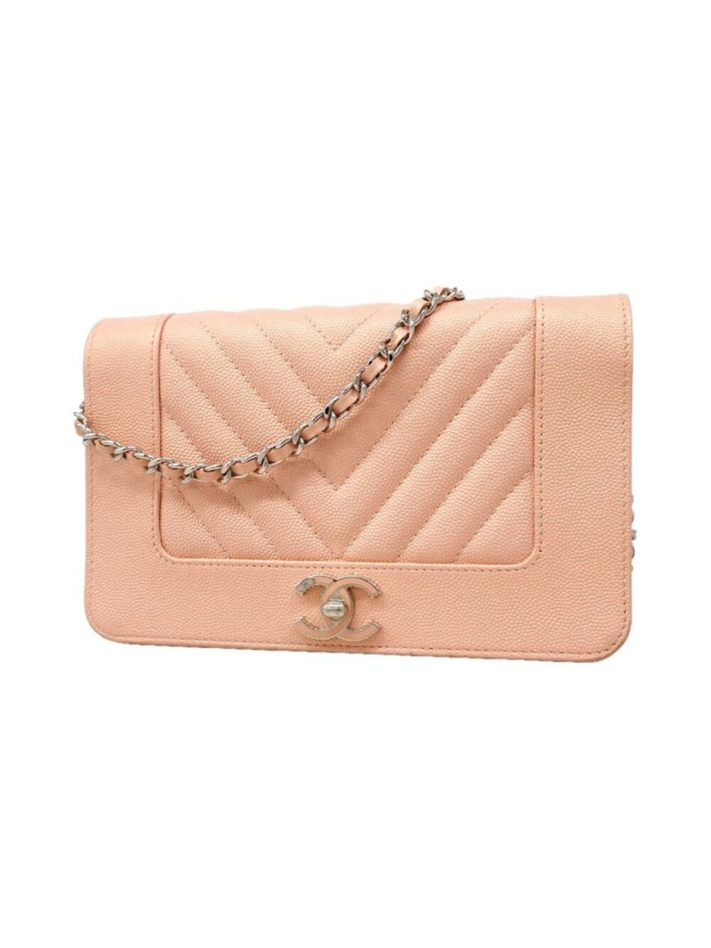 Chanel Wallet on Chain Chevron Caviar Leather Pink Silver Shoulder Bag